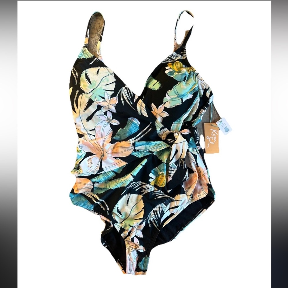 NWT Kona Sol Floral Shaping One Piece Swimsuit Large Faux Wrap High Coverage